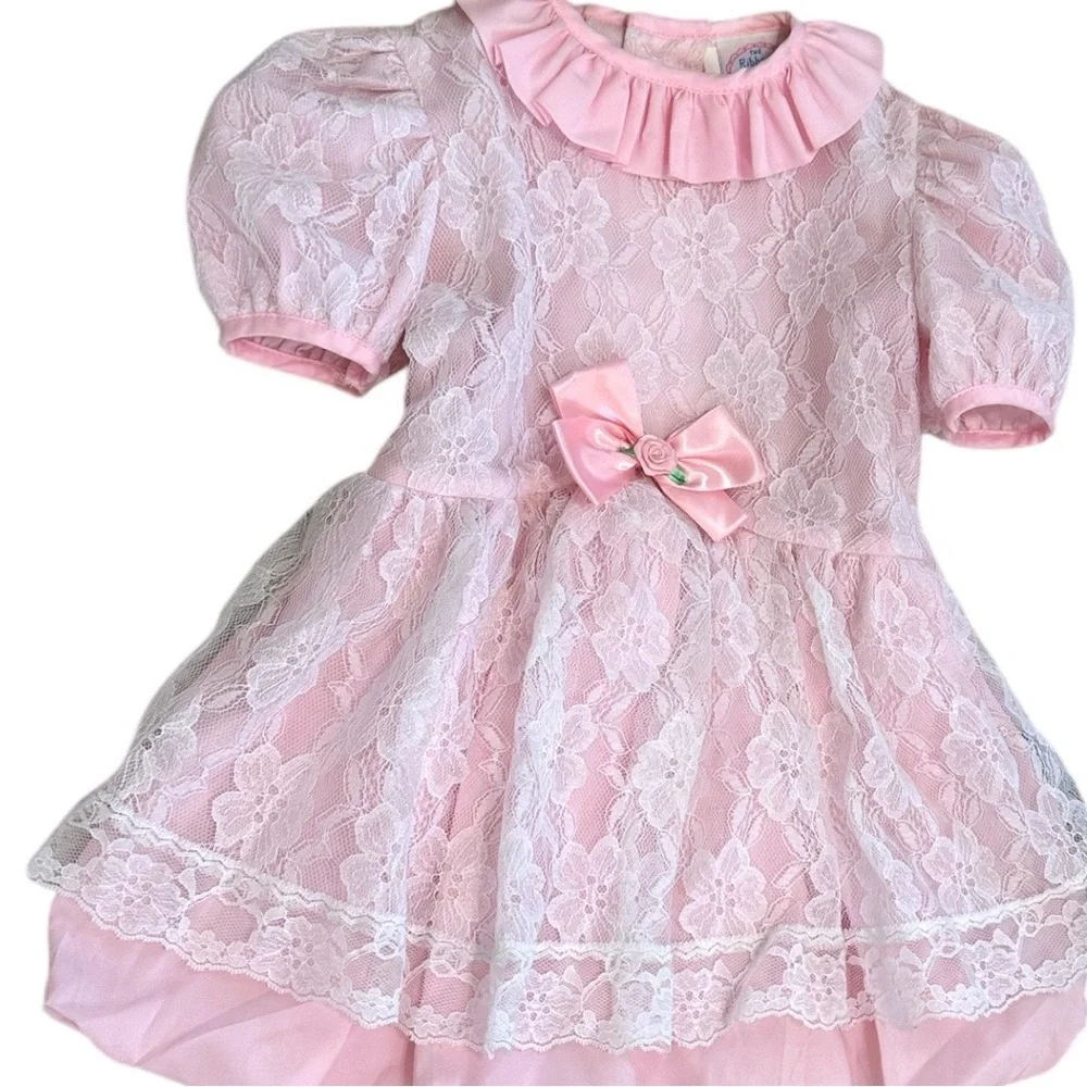 Vintage Toddler Girl Dress Pink White Floral Lace by Ribbons & Lace Collection
